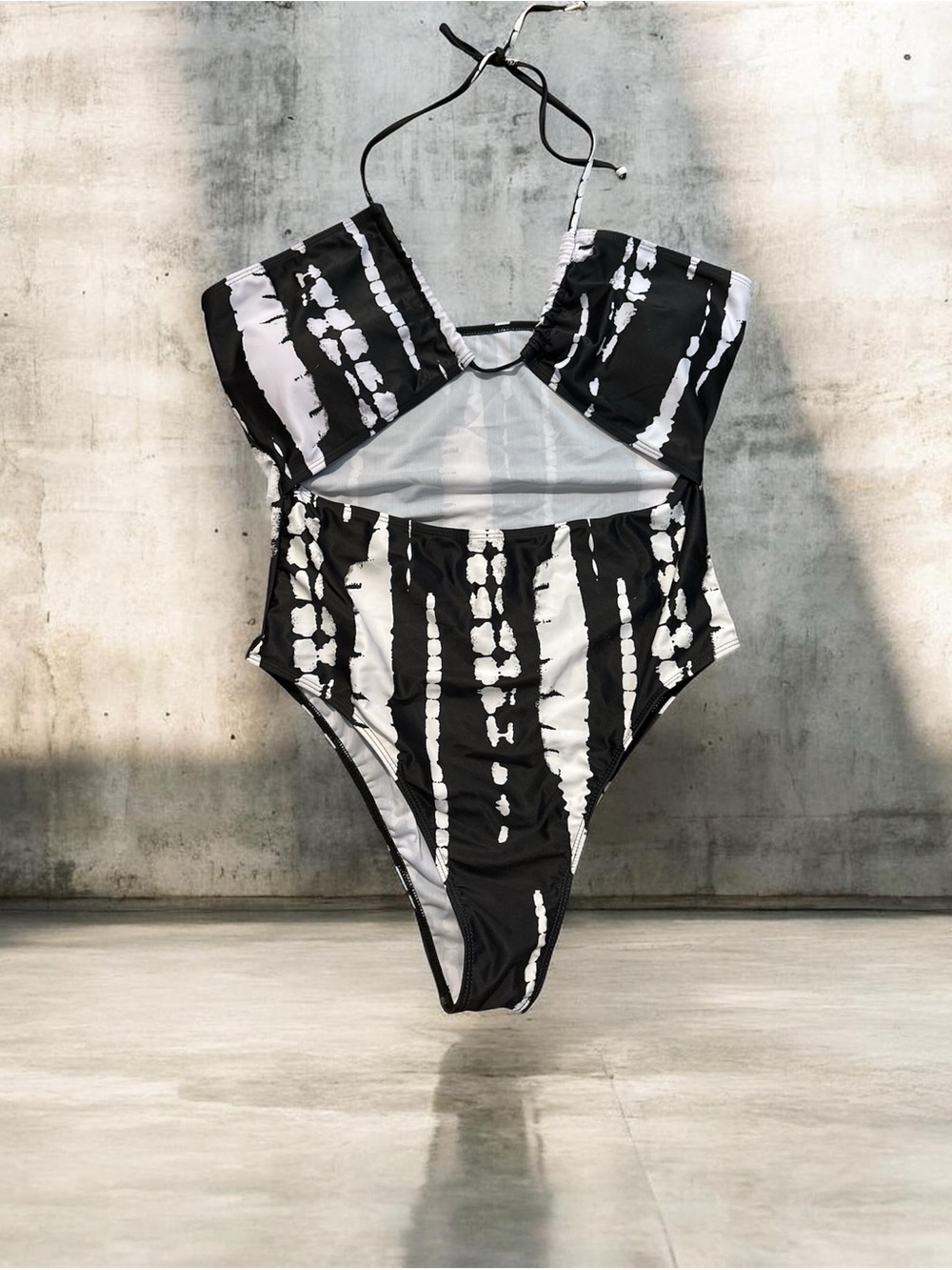Black and White Tie-Dye Cutout One-Piece Swimsuit